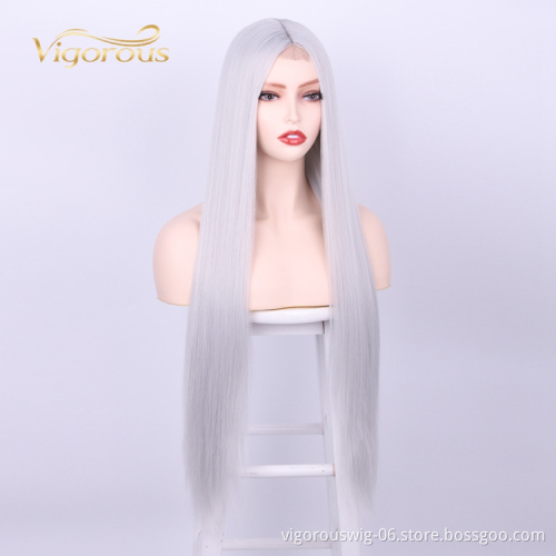Machine Made Gray Long Straight Soft Silky U Part High Quality Swiss Lace Frontal Afro Cheap Synthetic Wigs